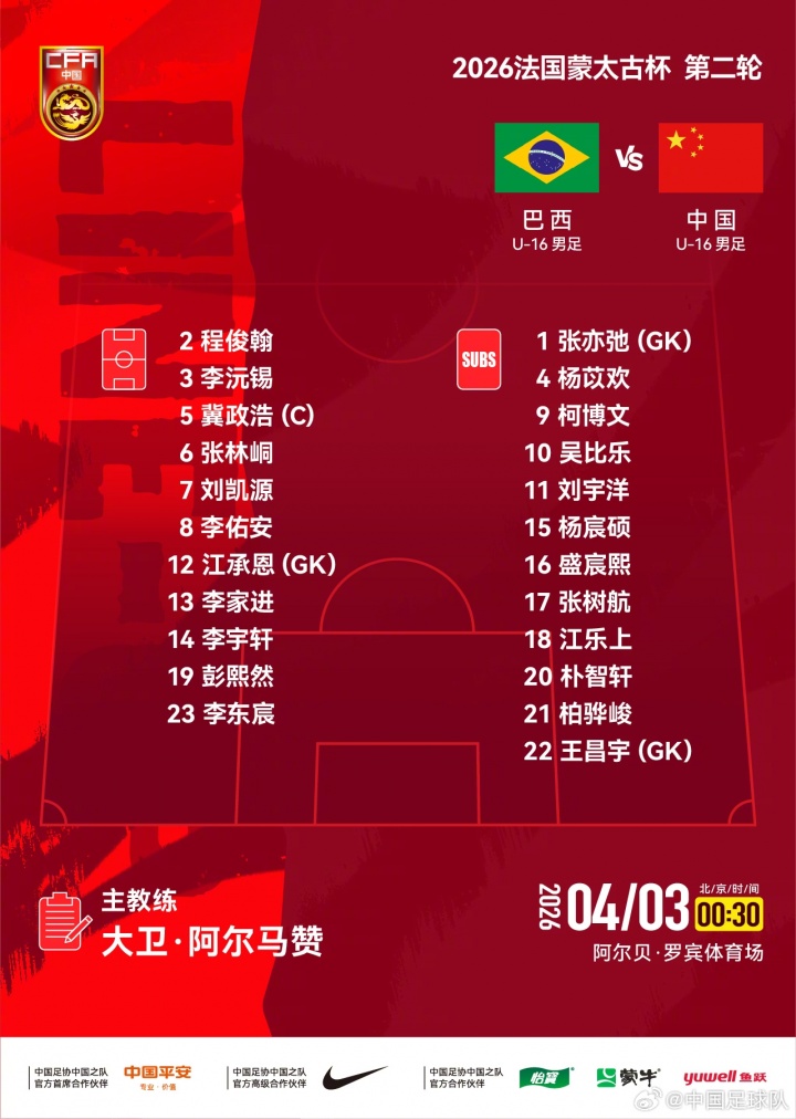 U16國少次輪戰(zhàn)巴西首發(fā)公布 劉凱源李佑安領銜