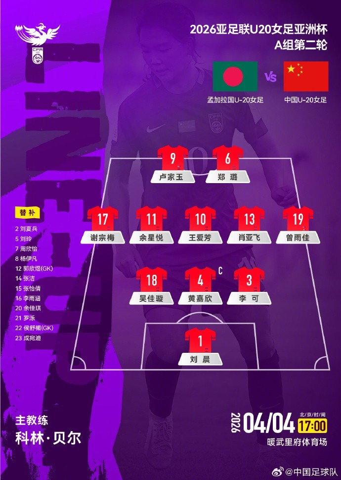 U20女足亞洲杯次輪首發(fā)公布 王愛芳領(lǐng)銜中場 盧家玉鄭璐雙箭頭