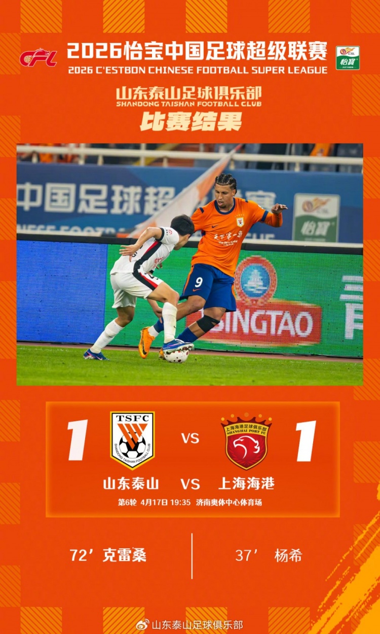 克雷桑任意球救主 泰山主場(chǎng)平海港