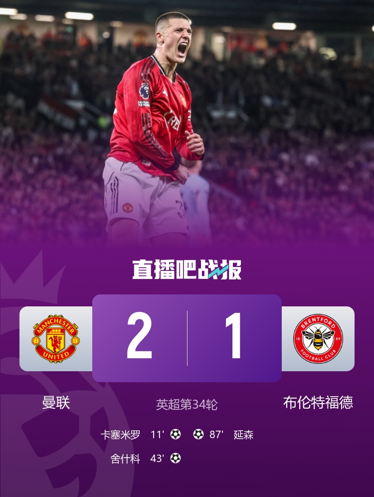 B費第19助卡塞米羅舍什科破門 曼聯(lián)2-1布倫特福德距歐冠區(qū)11分